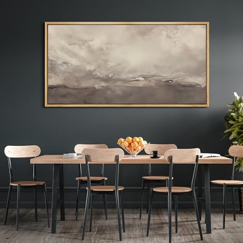 Extra Large Framed Canvas Print Wall Art Misty Landscape Neutral Tranquil Abstract Nature Painting in Earth Tones Illustrations Decorative Colorful Multicolor for Bedroom