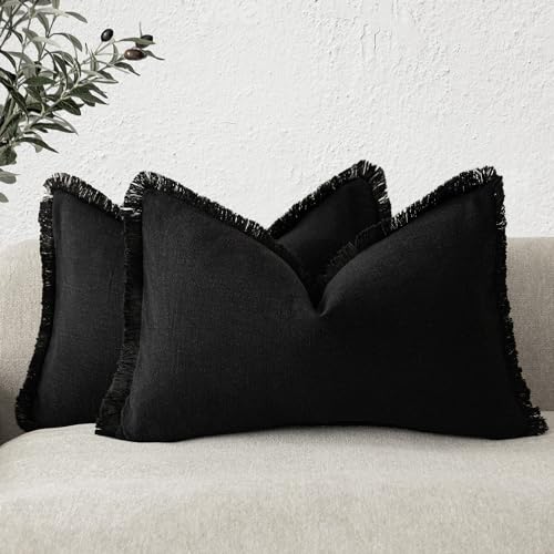 Decorative Linen Fringe Lumbar Throw Pillow Covers 12×20 Black (2 Count)