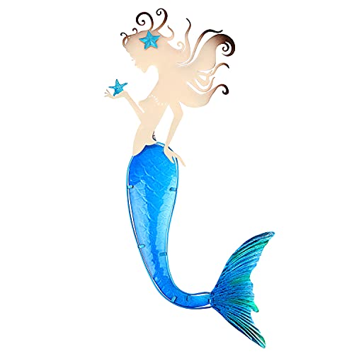 Mermaid Wall Decor Outdoor Metal Fish Bathroom Hanging Art Glass Blue Ocean Theme Decorations for Home