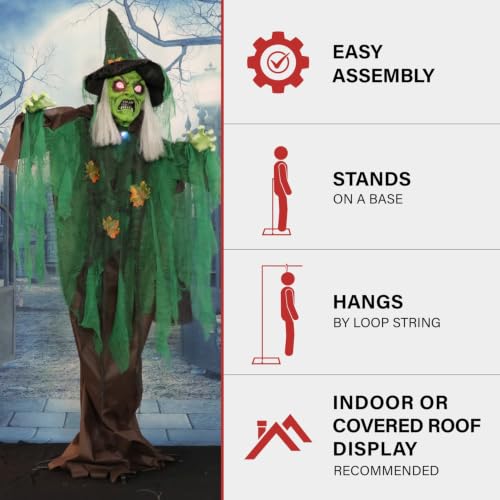 Talking Forest Witch Halloween Animatronic with Movement and Lights for Battery Operated Scary Indoor or Covered Outdoor Halloween Decorations (6FT Standing Witch)
