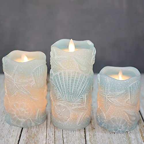 Ocean Flameless Candles with Remote Carved Seashell Real Wax Flicker Battery Operated Candles for Home Party Wedding Nautical Summer Christmas Decor (3 Count)