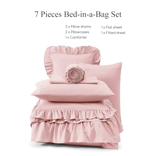 King Size Comforter Set Soft Pink Ruffle 7 Pieces Farmhouse Bed in a Bag