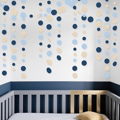 Navy Blue Champagne Gold Polka Dots Garland Hanging Paper Circle Dot Streamer for Birthday Wedding Shower Graduation Engagement Bridal Shower Bachelorette Retirement Party Decorations Supplies