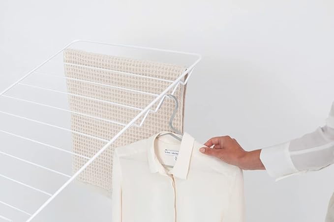 Brabantia HangOn Clothes Drying Rack | 82ft (25m) | White | Large Indoor Clothes Airer Laundry Stand with 2 Fold-Out Wings & Hanger Hooks, Folds Flat | Fits 2 Full Loads
