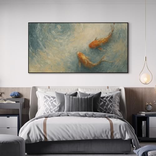 24"x46" Extra Large Framed Wall Art Koi Fish Swirl Tranquil Water Illustration for Home Living Room Bedroom Decor