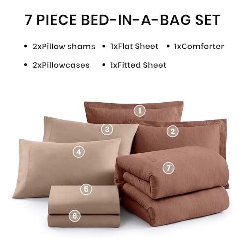 Queen Comforter Set 7 Pieces Terracotta Cationic Dyeing Bed in a Bag