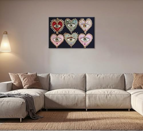 Psychedelic Eyes Canvas Wall Art Gothic Maximalist Witchy Art Wall Decor Picture Dark Academia Aesthetic Poster Eclectic Love Heart Jewel Gem Painting Print Artwork for Bedroom Living Room Decorate