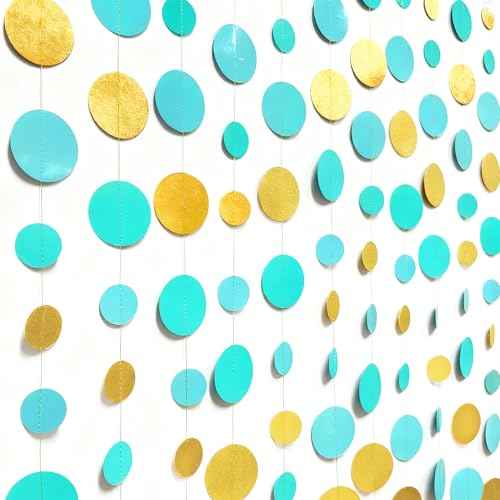 Teal Gold Party Polka Dot Garland Banner Aqua Turquoise Glitter Gold Hanging Paper Circle Dots Streamer for Birthday Wedding Shower Engagement Bridal Shower Retirement Party Decorations Supplies