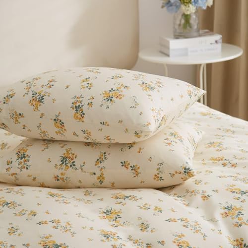 Garden Style Yellow Floral Comforter Set Twin XL Chic Flower Leaves Printed Girls Floral Bedding Set Fluffy Soft Microfiber Twin XL Comforter with 2 Pillowcases Vintage Floral Botanical Comforter Set