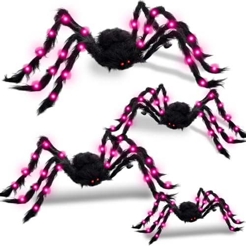 4 Pack Large Halloween Light up Spiders Decorations 4ft 2.9ft 2.4ft 2ft Black Fake Giant Light up Spider Bendable Outdoor Yard for Halloween Garden Party Decor (Pink)