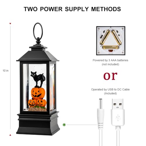 10'' Halloween Snow Globe Lantern Lighted Musical Water Lantern Spooky Pumpkin and Witch' s Black Cat Combo with Swirling Glitter