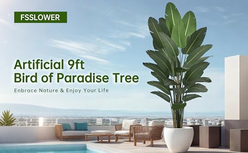 Artificial Bird of Paradise Tree 9FT 25 Thick Matte Texture Leaves Tall Large Fake Faux Tropical Traveler's Palm Banana Leaf Plant 108 Inch Black Pot for Indoor Home Office Poolside Decor