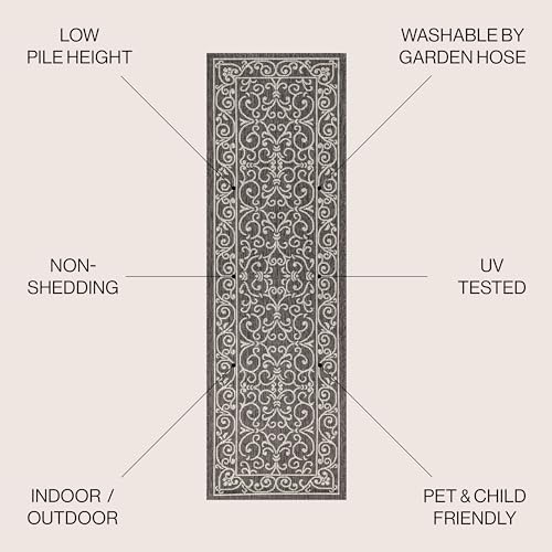 Vintage Filigree Indoor Outdoor Runner Rug 2X10 Black