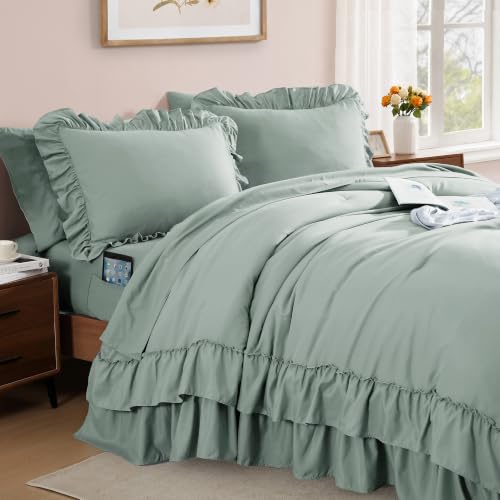 King Size Comforter Set Sage Green Ruffle 7 Pieces Farmhouse Bed in a Bag