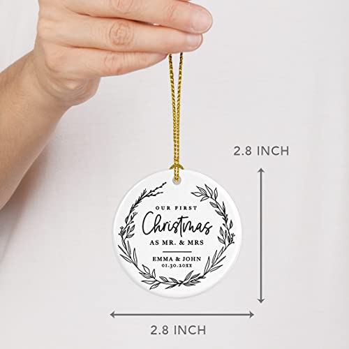 Personalized Our First Christmas As Mr. & Mrs. 2026 Christmas Ornaments Modern Farmhouse Wreath 2.8" Round Porcelain Ceramic 1st Year Married Custom Ornament Keepsake for Newlyweds 1