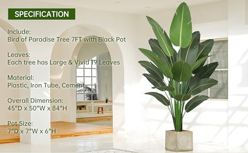 Artificial Bird of Paradise Tree 7FT 19 Thick Matte Texture Leaves Tall Large Fake Faux Tropical Traveler's Palm Banana Leaf Plant 84 Inch Black Pot for Indoor Home Office Poolside Decor