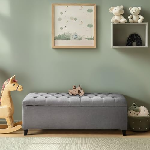 Madison Park Entryway Accent Bench for Living Room Flip Top Storage Chest, Shandra Tufted Top Upholstered Storage Bench End of Bed for Bedroom Furniture, Indoor Seating, 49"Wide, Grey