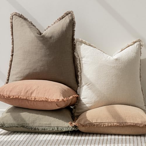 Boho Linen Fringe Lumbar Throw Pillow Covers 12×20 Light Brown (2 Count)