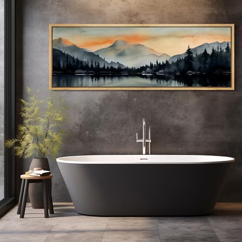 Large Framed Canvas Print Wall Art Sunset Mountain Range and Lake Panoramic Antique Retro Fine Art Illustrations Decorative Colorful for Bedroom