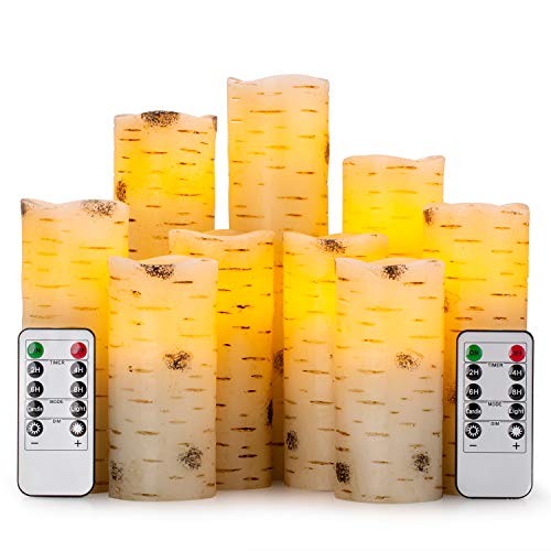 Flameless Flickering LED Candles with Birch Bark Effect (9 Count)