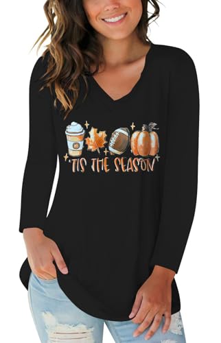 Pumpkin Maple Leaves Coffee Latte T Shirt Womens Fall Autumn Halloween Graphic Tees Long Sleeve V Neck Shirts Top for Holiday Black XXL