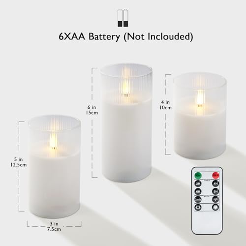 White Ribbed Glass Flameless LED Pillar Candles with Remote Timer