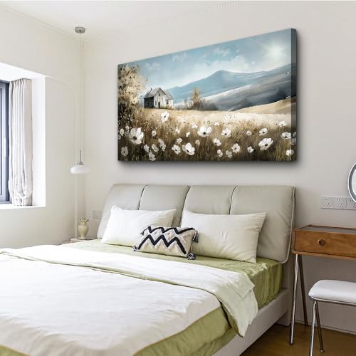 Canvas Wall Art For Living Room Large Wall Decor For Bedroom Field Scenery Watercolour Flowers Wall Paintings Office Decorations Old House Pictures Artwork Home Decor Ready To Hang 48L x 24W