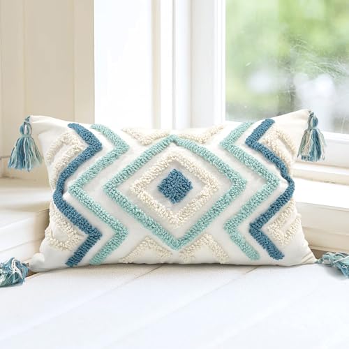 Lumbar Boho Pillow Covers 12x20 Tufted Teal for Couch Bed Teal