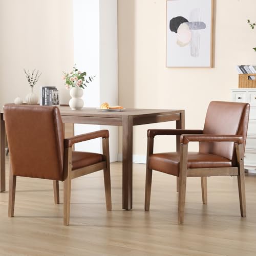 Modern Dining Chairs Set of 2 Faux Leather Kitchen Arm Chairs Upholstered Accent Chairs with Wooden Legs for Dining Room (2 Count)