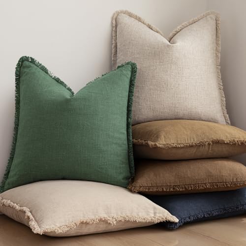 Decorative Linen Fringe Throw Pillow Covers 26×26 Pine Green