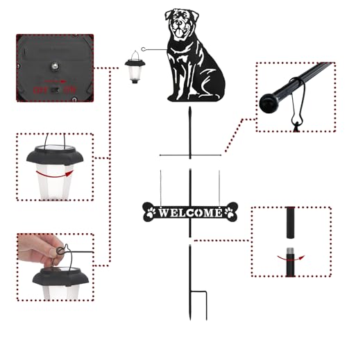 Solar Rottweiler Silhouette Dog Breed Welcome Sign with a Lantern