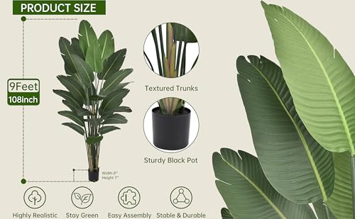 Artificial Bird of Paradise Tree 9FT 25 Thick Matte Texture Leaves Tall Large Fake Faux Tropical Traveler's Palm Banana Leaf Plant 108 Inch Black Pot for Indoor Home Office Poolside Decor