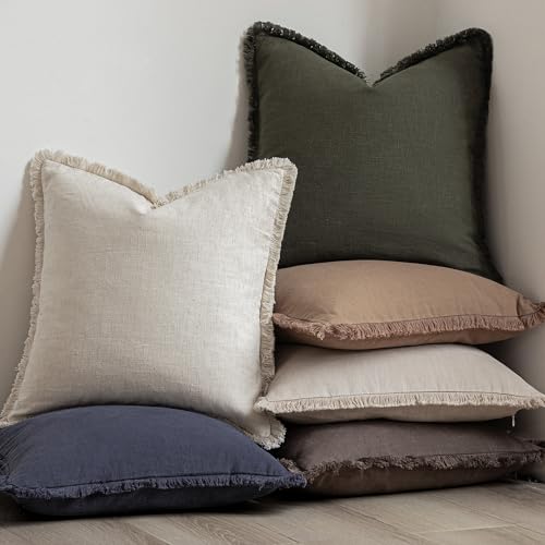 Decorative Linen Fringe Throw Pillow Covers 24×24 Dark Green (2 Count)