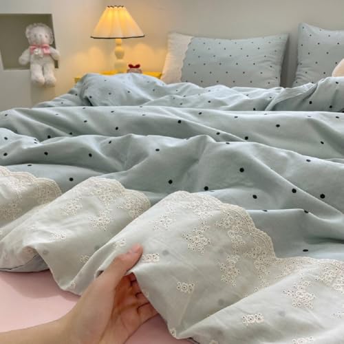 Romantic Lace Comforter Set Queen Cute Polka Dots Comforter with 2 Pillowcases Fluffy Soft Microfiber Black Dots Bedding Set for Teens Girls Lightweight Princess Style Queen Comforter Set