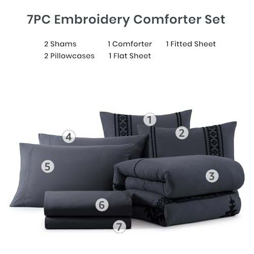 Embroidery Full Size Comforter Set 7 Pieces Crown Blue Bed in a Bag