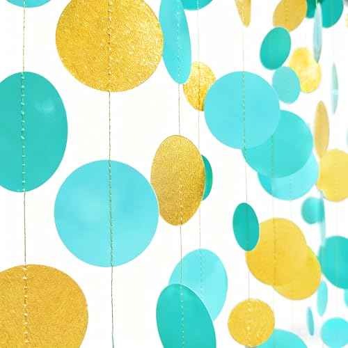 Teal Gold Party Polka Dot Garland Banner Aqua Turquoise Glitter Gold Hanging Paper Circle Dots Streamer for Birthday Wedding Shower Engagement Bridal Shower Retirement Party Decorations Supplies