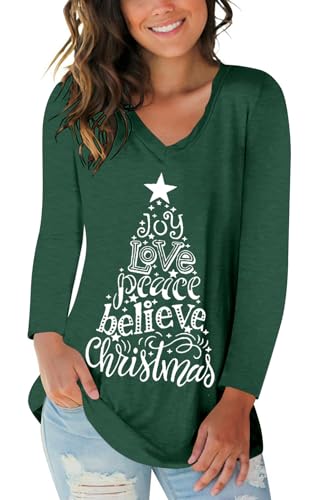 Long Sleeve V Neck Casual T Shirts for Women Christmas Funny Print Tee Tops Merry Christmas Shirt Cute Blouse Tunic Green XXL
