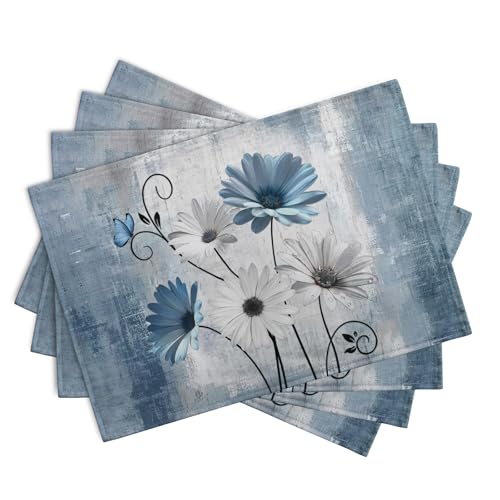 Daisy Placemats Set of 4 Blue Grey Rustic Vintage Floral Table Place Mats 12x18 Inch Seasonal Flower Spring Summer Linen Placemat for Party Kitchen Dining Outdoor Indoor Decor (4 Count)