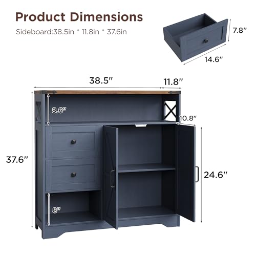 Farmhouse Buffet Sideboard Cabinet with 2 Drawers and Open Shelf