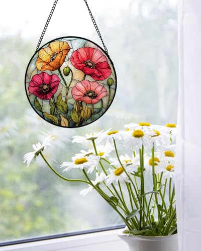 Poppy Flower Stained Glass Window Hanging Suncatcher Gifts for Women 6.3"