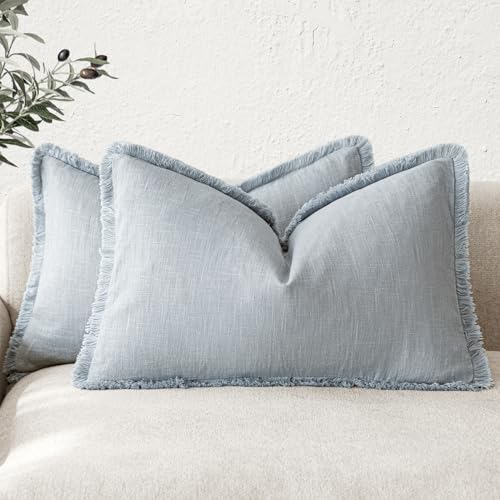 Boho Linen Fringe Lumbar Throw Pillow Covers 12×20 Sky Blue (2 Count)