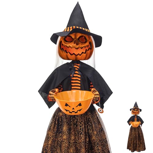 4.5ft Animated Pumpkin Scarecrow with Candy Bowl Prop Pumpkin Halloween Decorations for Trick or Treat Sound Activated with Lights and Singing