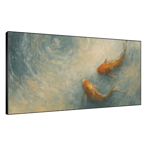 24"x46" Extra Large Framed Wall Art Koi Fish Swirl Tranquil Water Illustration for Home Living Room Bedroom Decor