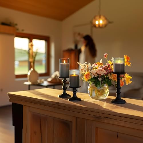Grey Ribbed Glass Flameless Electric LED Candles with Remote Timer (3 Count)
