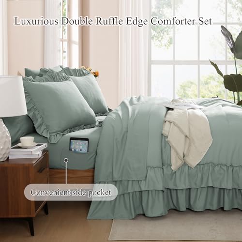 King Size Comforter Set Sage Green Ruffle 7 Pieces Farmhouse Bed in a Bag