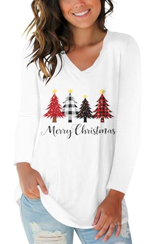 Womens Christmas Shirts Long Sleeve V Neck Casual Tunic Tops Blouse XL