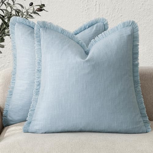 Decorative Linen Fringe Throw Pillow Covers 24×24 Light Blue (2 Count)