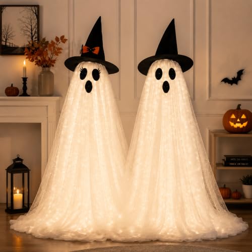 2 Pack Lighted Halloween Ghost Decorations with Witch Hats (Warm White)