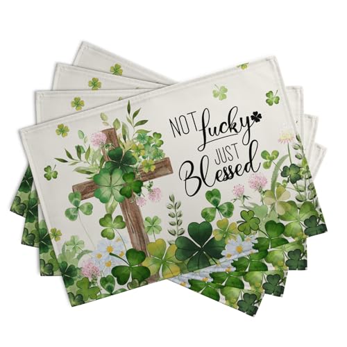 St Patricks Placemats Set of 4 St. Patrick's Day Cross Shamrocks Clover Linen Table Mats 12x18 Inch Spring Heat Resistant Washable Place Mat for Kitchen Dining Home Party Decor (4 Count)
