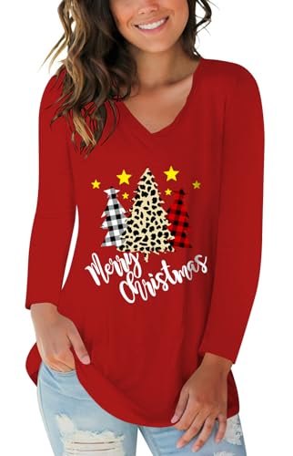Christmas Tops Women Merry Christmas Shirt Leopard Plaid Tree Xmas Tshirt Long Sleeve Graphic Tee Red L